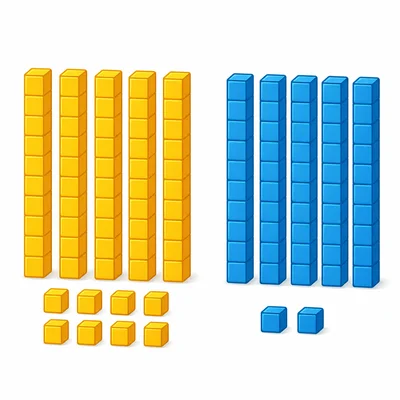Two groups of base-ten blocks: five tens rods with eight cubes, and five tens rods with two cubes.