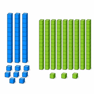 Two base-ten block groups: three rods with nine cubes, and nine rods with three cubes.