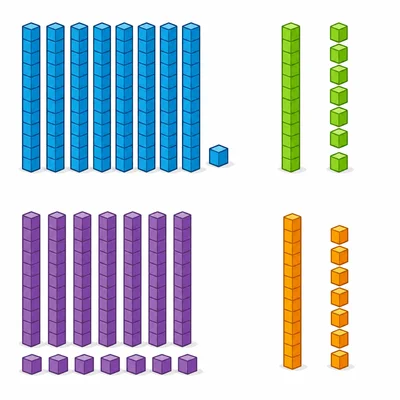 Four base-ten block groups showing eight rods with one cube, one rod with eight cubes, seven rods with one cube, and one rod with seven cubes.