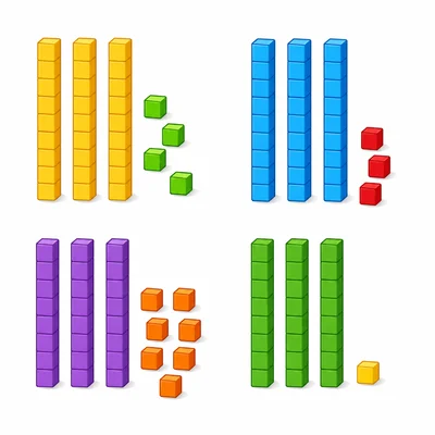 Four base-ten block groups with three tens rods each and different numbers of cubes.