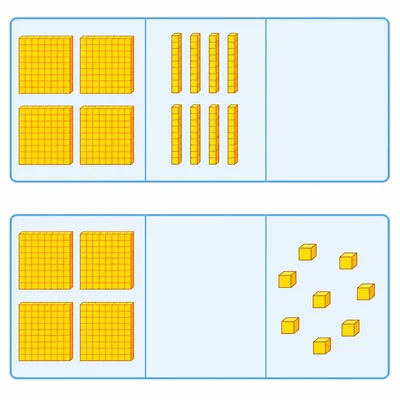 Two place-value mats with base-ten blocks showing hundreds, tens, and ones.