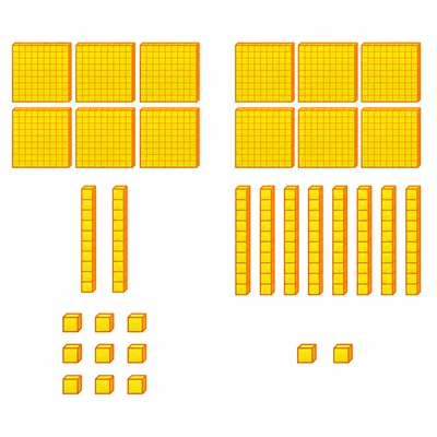 Two groups of base-ten blocks showing different tens and ones with the same hundreds.