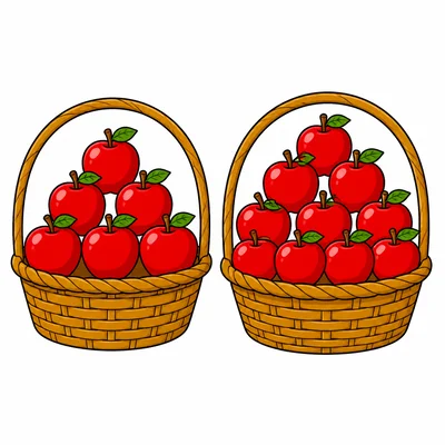 A left basket with six apples and a right basket with nine apples.