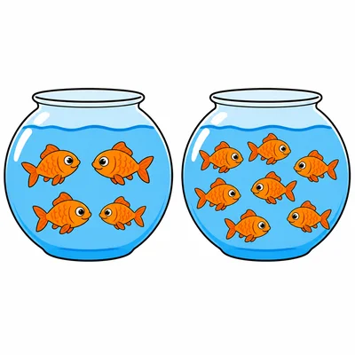 A left fishbowl with four fish and a right fishbowl with seven fish.
