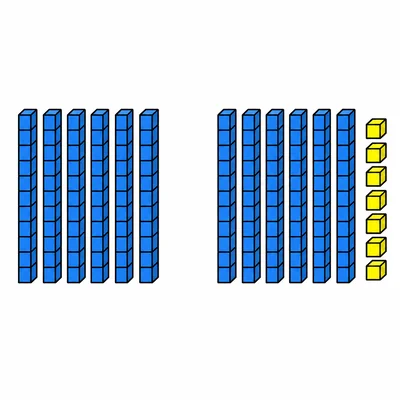 Two groups of base-ten blocks showing 70 and 77.