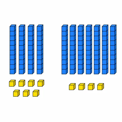 Two groups of base-ten blocks showing 47 and 74.