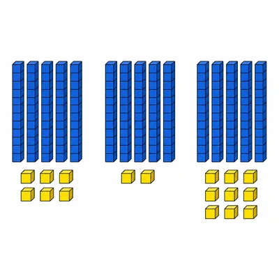 Three groups of base-ten blocks showing 56, 52, and 59.