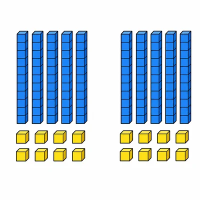 Two equal groups of base-ten blocks showing 58 and 58.