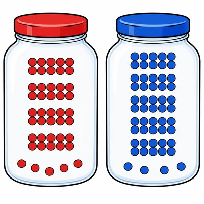 A jar of red beads and a jar of blue beads with different amounts.