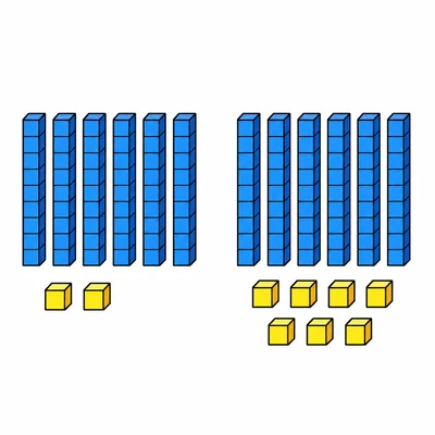 Two groups of base-ten blocks showing 62 and 67.