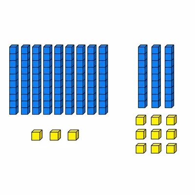 Two groups of base-ten blocks showing 93 and 39.