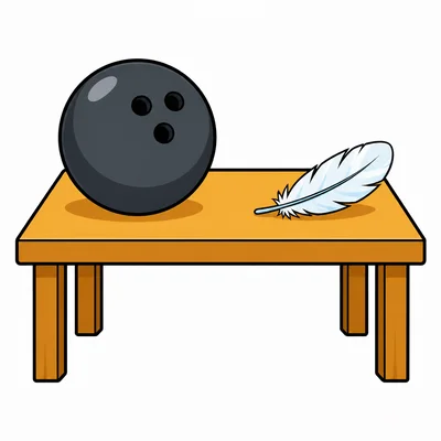 A bowling ball and a feather sit on a table.