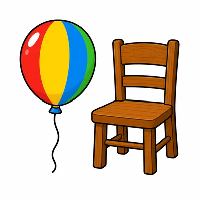 A balloon is shown next to a chair.