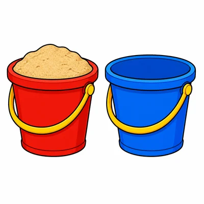 One bucket is filled with sand and one bucket is empty.