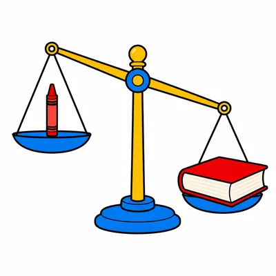 A balance scale shows a book side lower than a crayon side.