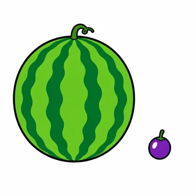 A watermelon is shown next to a grape.