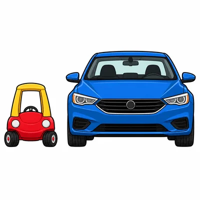 A toy car is shown next to a real car.