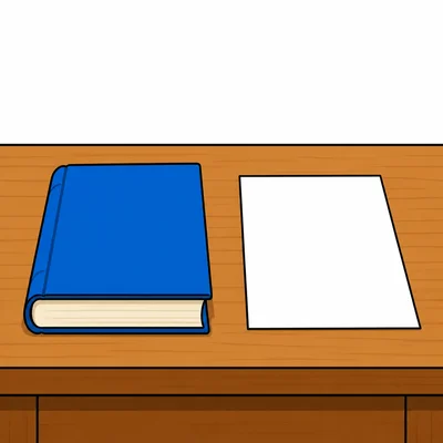 A book and a sheet of paper are on a desk.