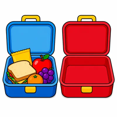 One lunchbox is full of food and one lunchbox is empty.