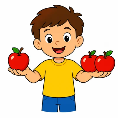 A child holds one apple in one hand and two apples in the other hand.