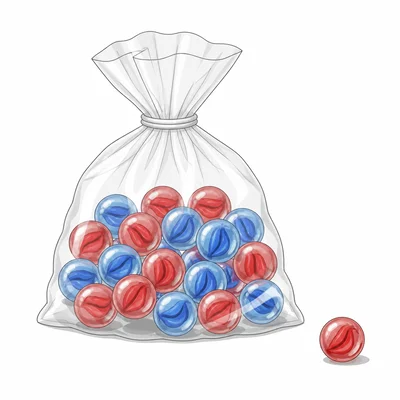 A bag of marbles with one red marble removed and red and blue marbles remaining inside.