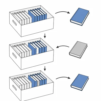 A box of two types of books with a science book selected, replaced, and selected again.