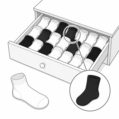 A drawer of white and black socks with one white sock removed and a black sock highlighted.