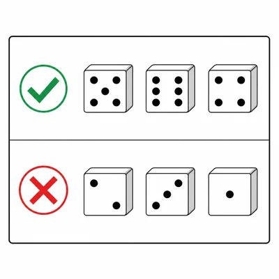 A guessing choice card with a check and X next to dice faces showing high rolls.