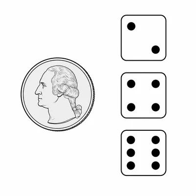 A coin showing heads next to dice faces with even numbers of pips.