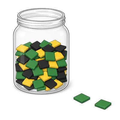 A jar of green, yellow, and black tiles with two green tiles drawn out.