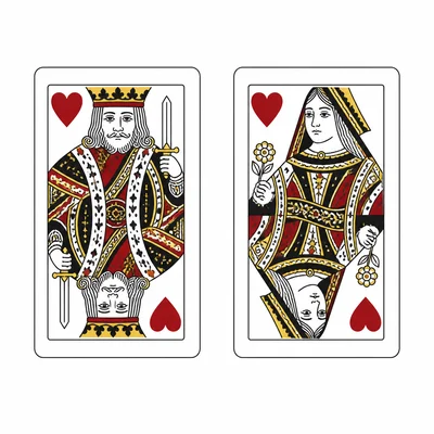 Two playing cards drawn from a deck, first a king card and second a queen card.