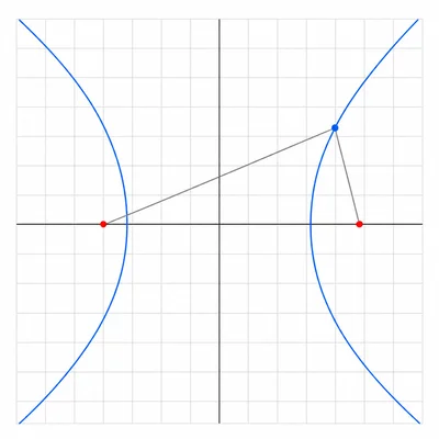 Horizontal hyperbola with two foci and line segments from a point on the curve to each focus.