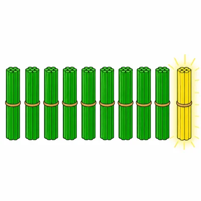 Nine base-ten rods with one extra rod beside them