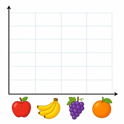 Blank bar graph template with icons for apple, banana, grapes, and orange.