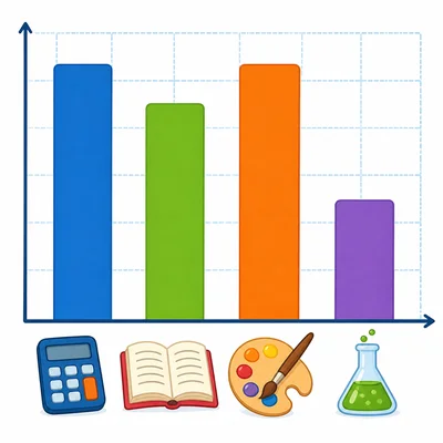 Bar graph with school subject icons where math and art bars are tallest.