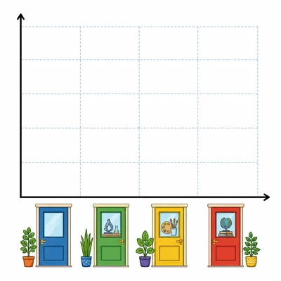 Blank bar graph template with four classroom room icons and potted plants.