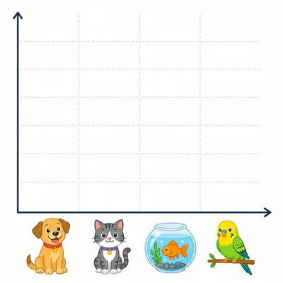 Blank bar graph template with icons for dog, cat, fish, and bird.