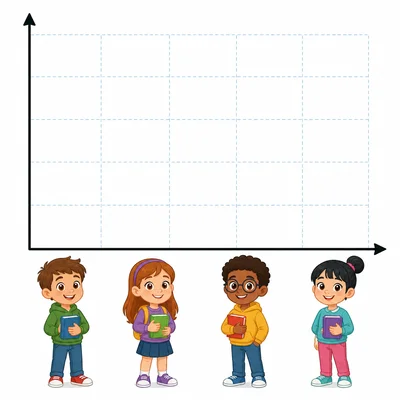 Blank bar graph template with four student icons holding books.