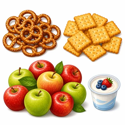 Snack groups showing pretzels and crackers as equal-sized piles.