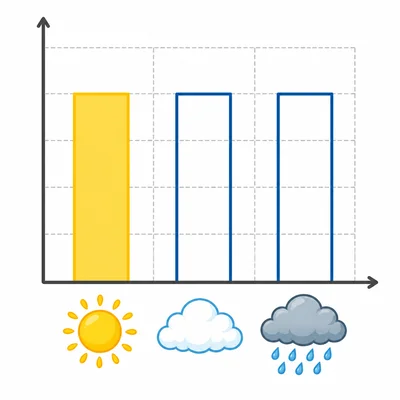 Partly completed weather bar graph with a sunny bar filled in and cloudy and rainy bars empty.