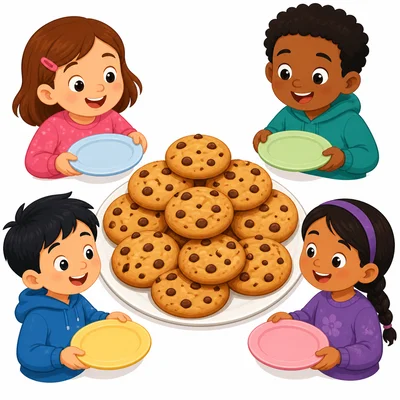 Twelve cookies with four children ready to share them.