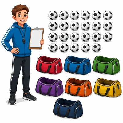 Twenty-one soccer balls and seven sports bags.