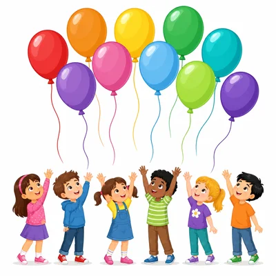 Twelve balloons with six children sharing them.