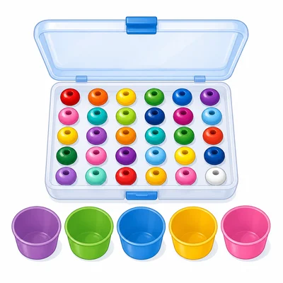 Thirty beads in a box with five empty cups.