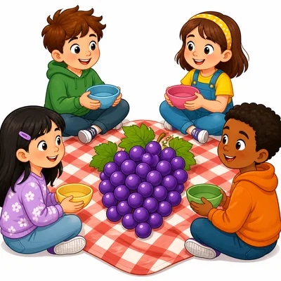Twenty-eight grapes with four friends sharing them.