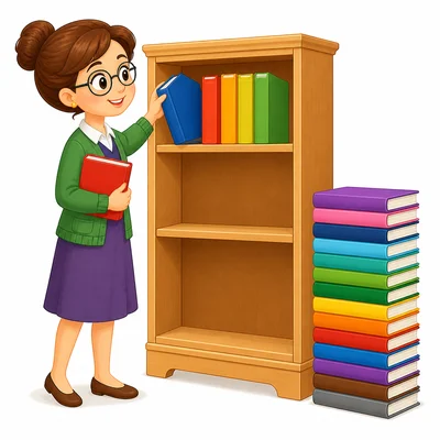 Fourteen books ready to be placed on two shelves.