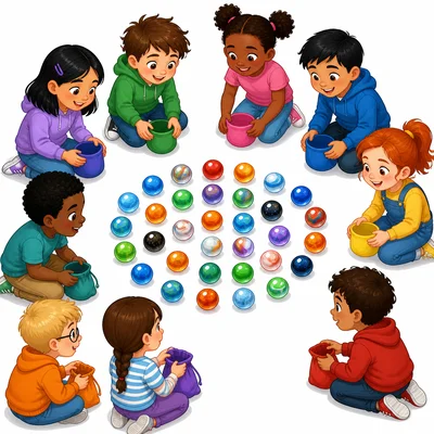 Thirty-two marbles with eight children sharing them.