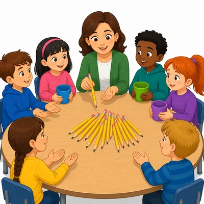 Fifteen pencils and five students sharing them equally.