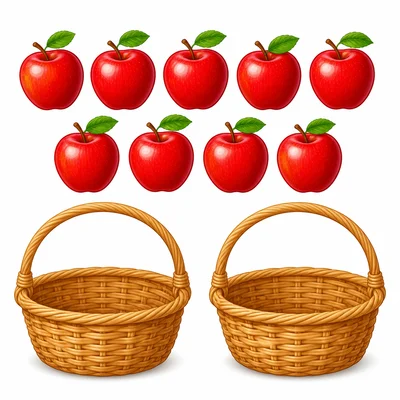 Eight apples above two empty baskets.