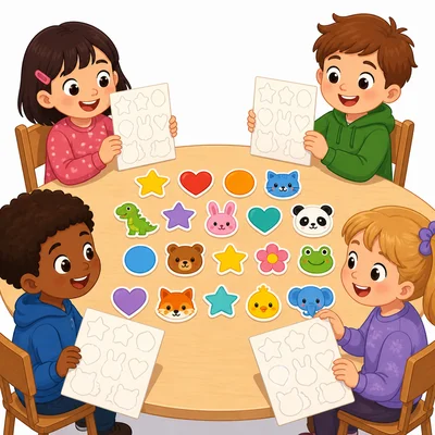 Twenty stickers on a table with four children sharing them.